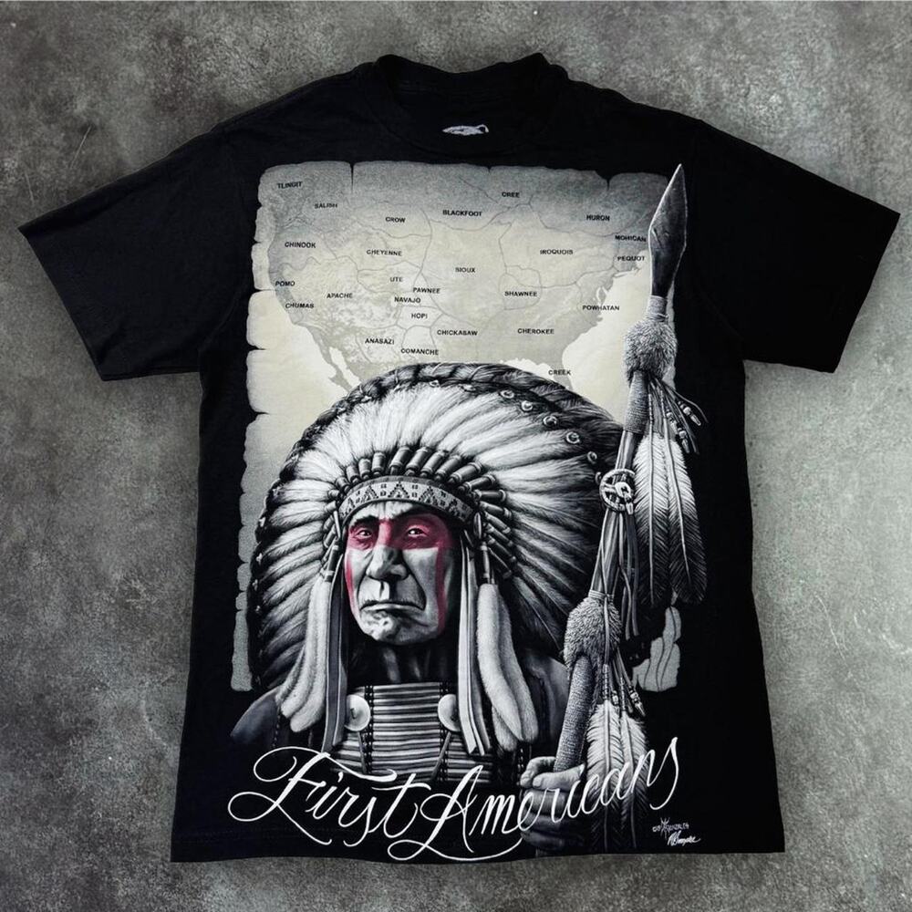 DGA Men's Black Native American Graphic Print Crew Neck Short Sleeve T-Shirt